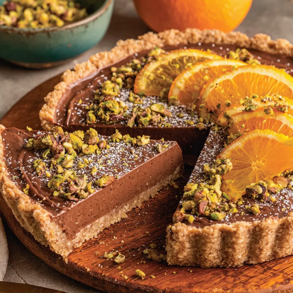 Chocolate Tart with Orange Marmalade and Pistachios
