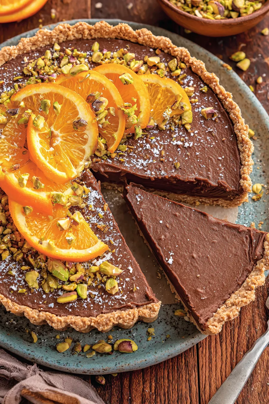 Chocolate tart with orange marmalade and pistachios on a table