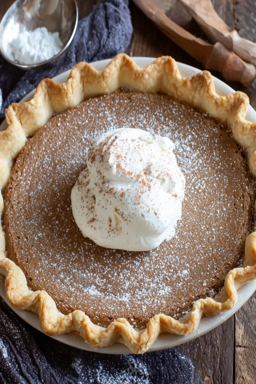 Slice of cinnamon pie plated with powdered sugar dusting and whipped cream