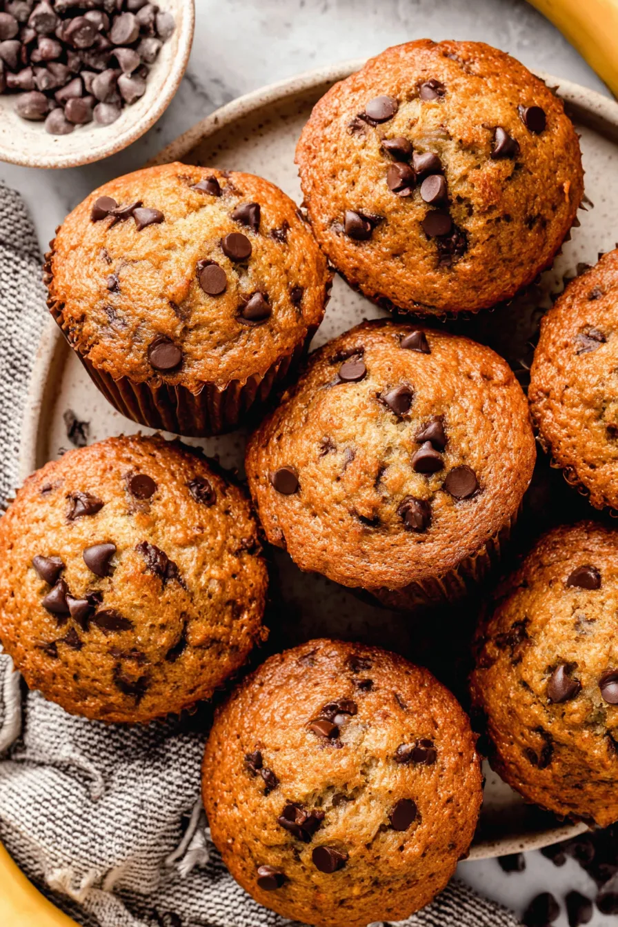 Freshly baked banana chocolate chip muffins on a wire rack