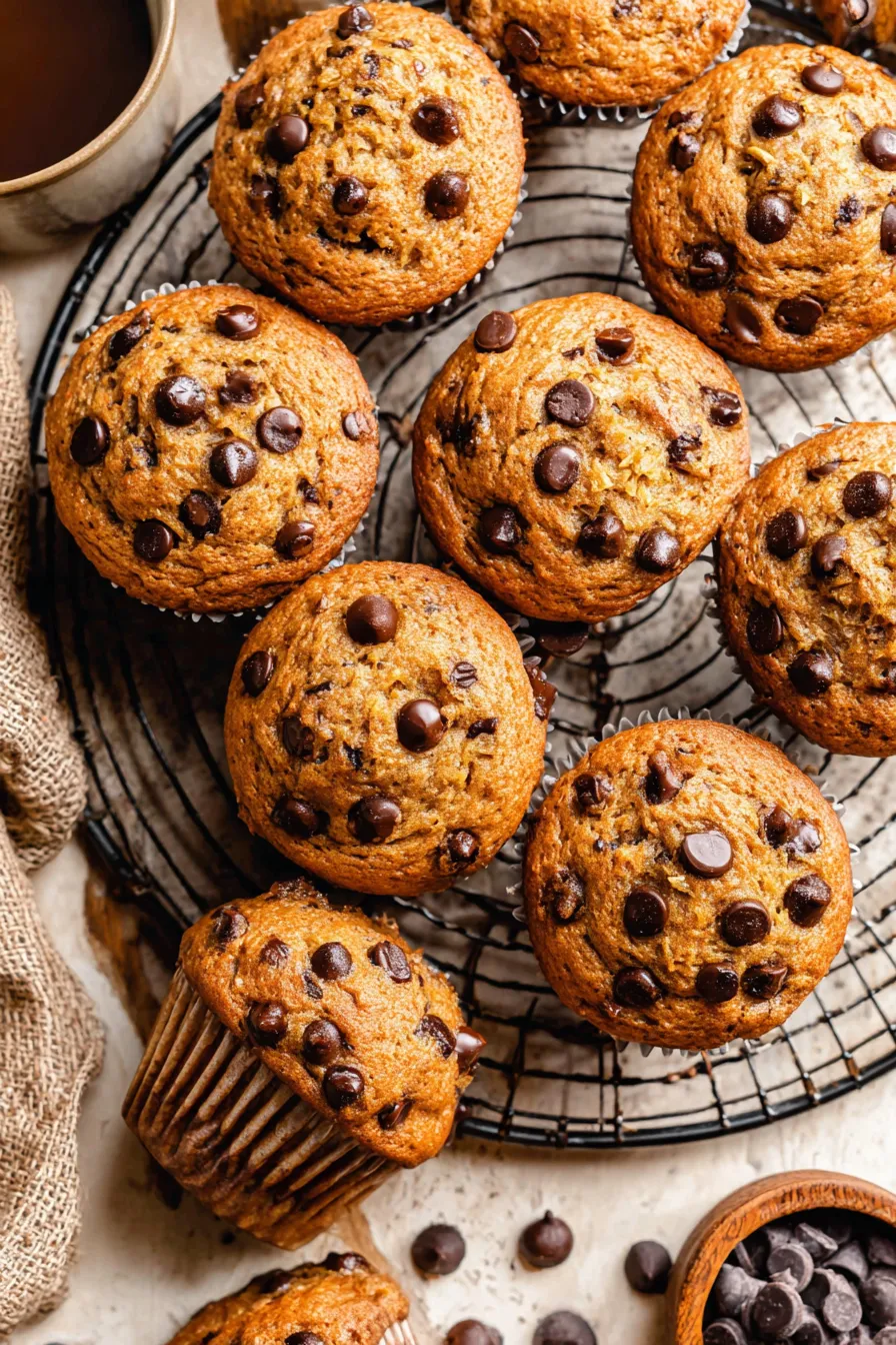 Banana chocolate chip muffins with extra chips on top