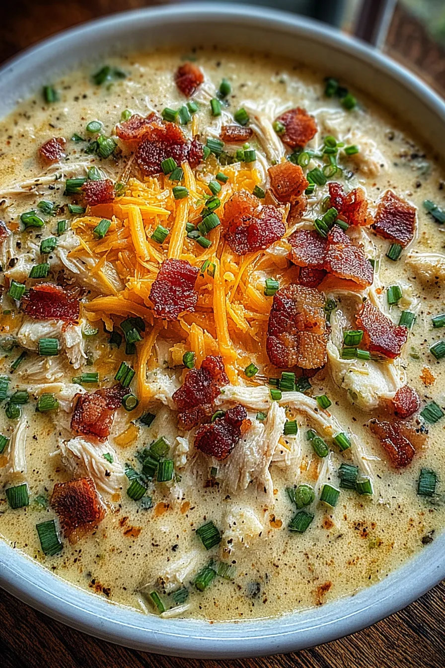 Creamy chicken bacon soup simmering in pot