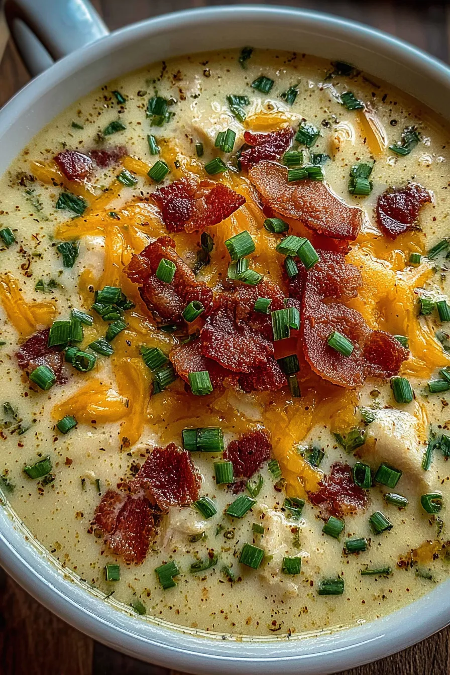 Bowl of creamy chicken bacon soup garnished with chives