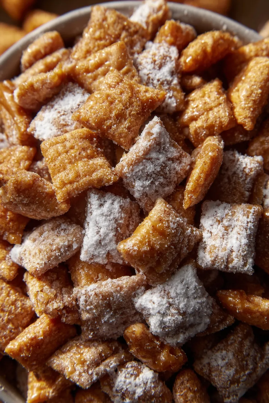 Caramel Apple Puppy Chow on a parchment-lined tray