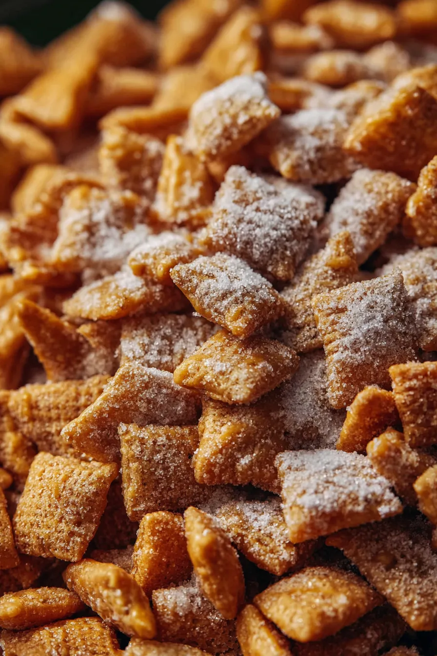 Close-up of caramel-coated cereal and crushed apple chips