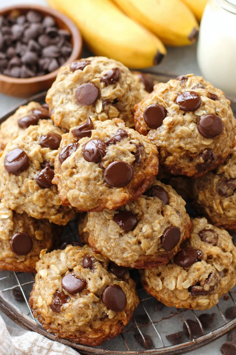 Close-up of a chewy banana oatmeal cookie with chocolate chips