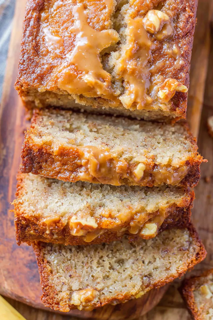 Peanut Butter Apple Banana Bread loaf sliced on a rack