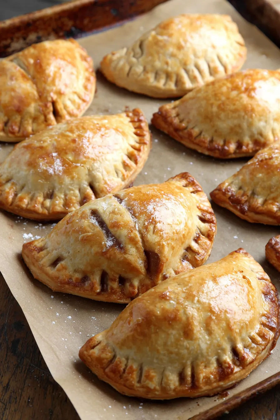 Two apple hand pies cooling on parchment