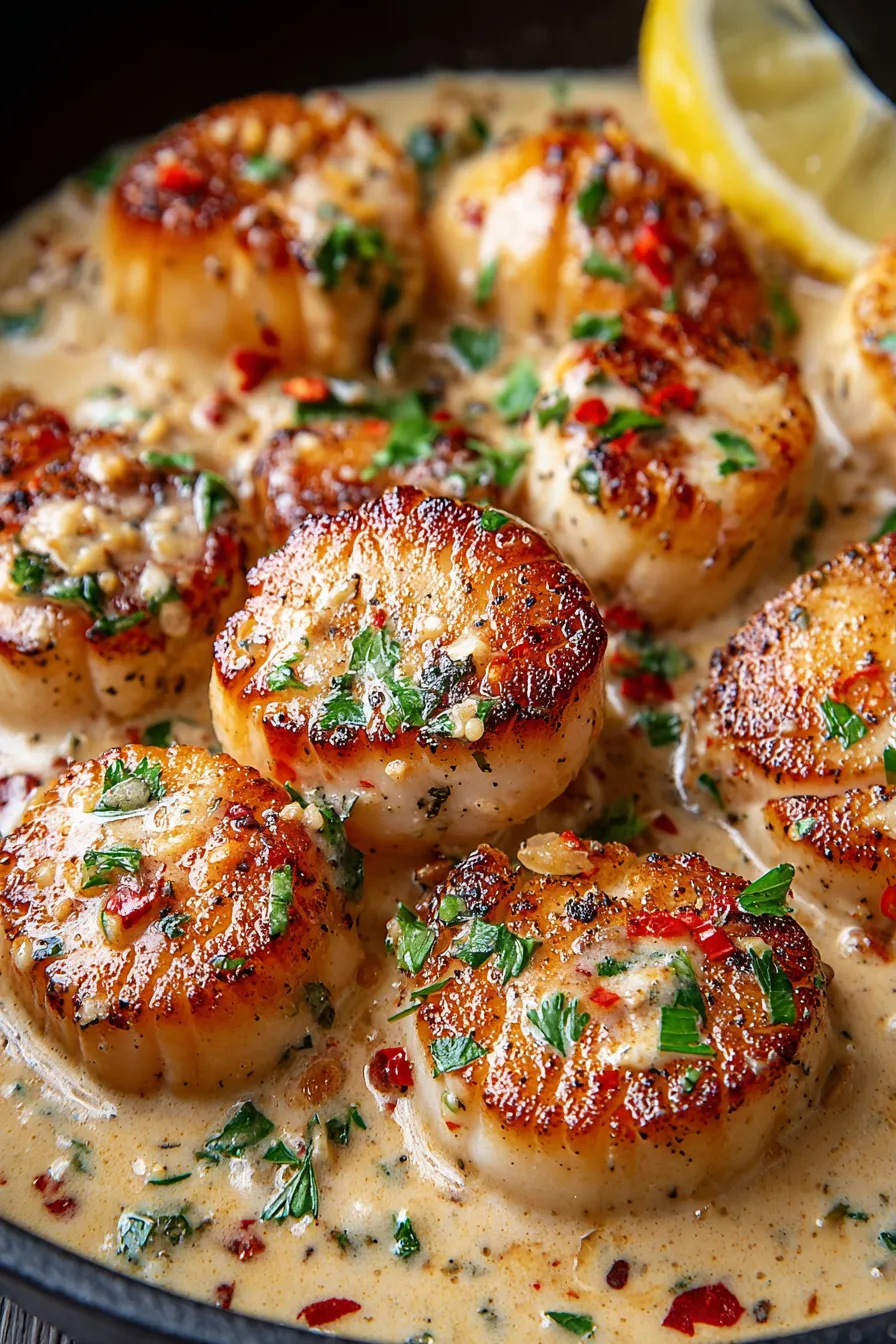 Golden seared scallops resting in a skillet with sauce