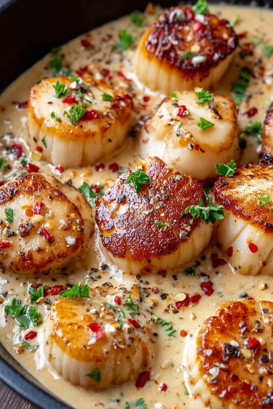 Plated scallops with vibrant parsley and lemon