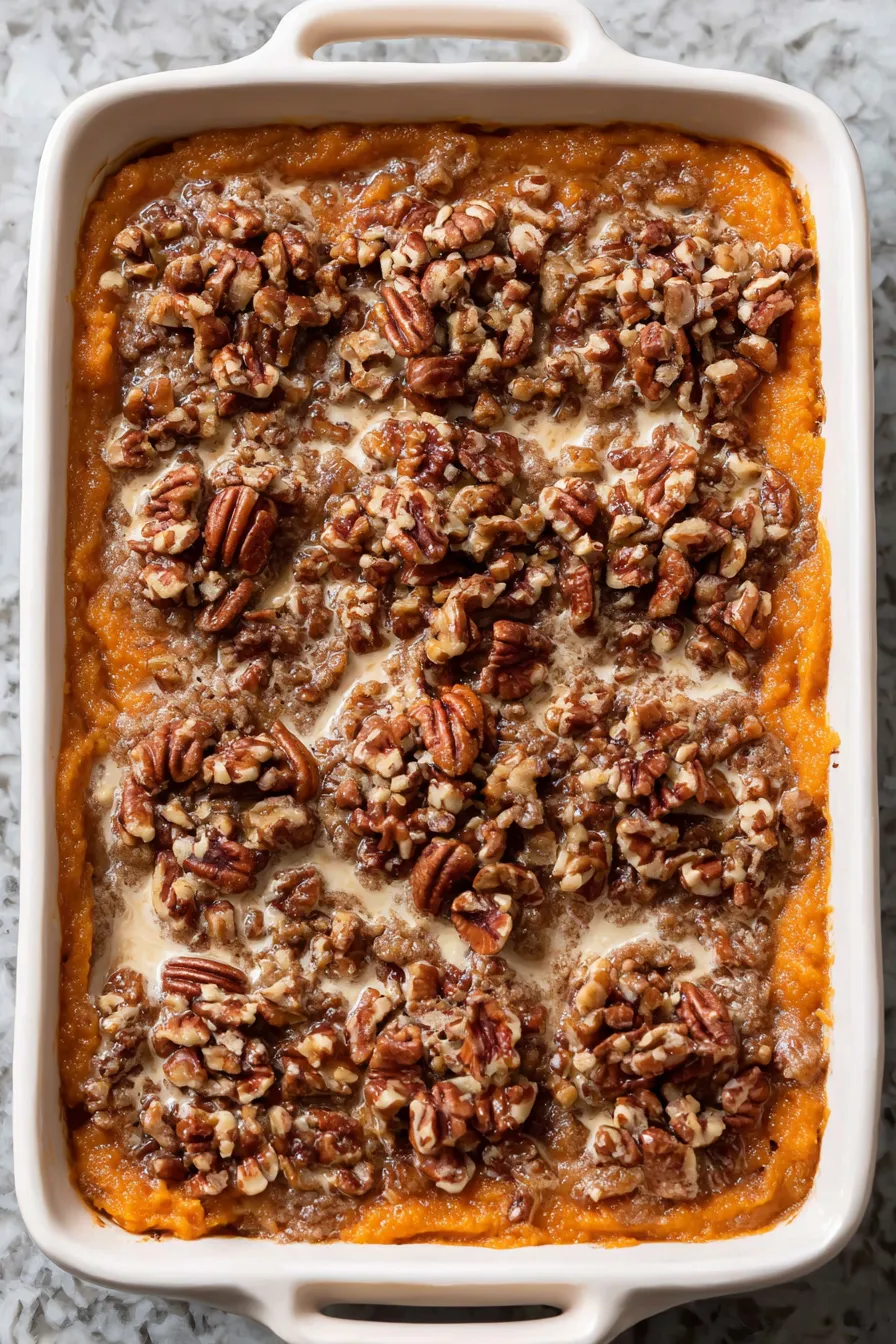 Sweet potato casserole in baking dish with pecan topping