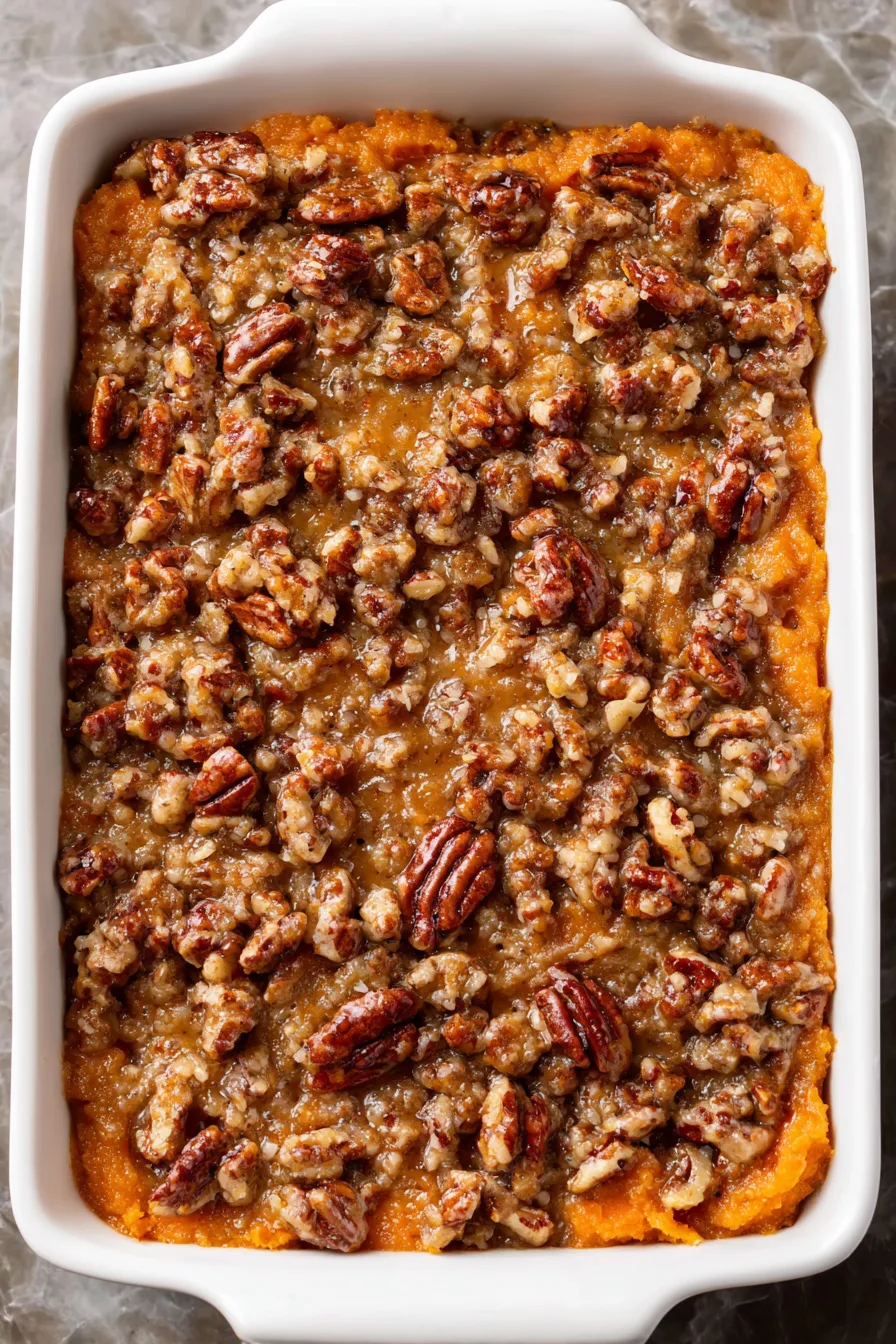 Close-up of pecan streusel topping on sweet potato casserole