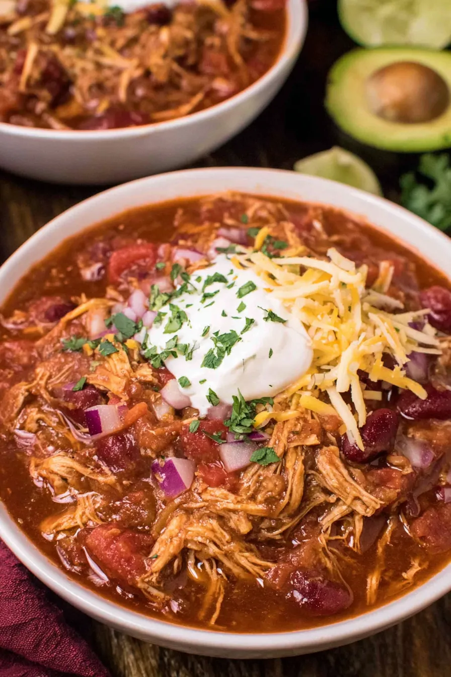 Bowl of turkey chili with avocado and chips