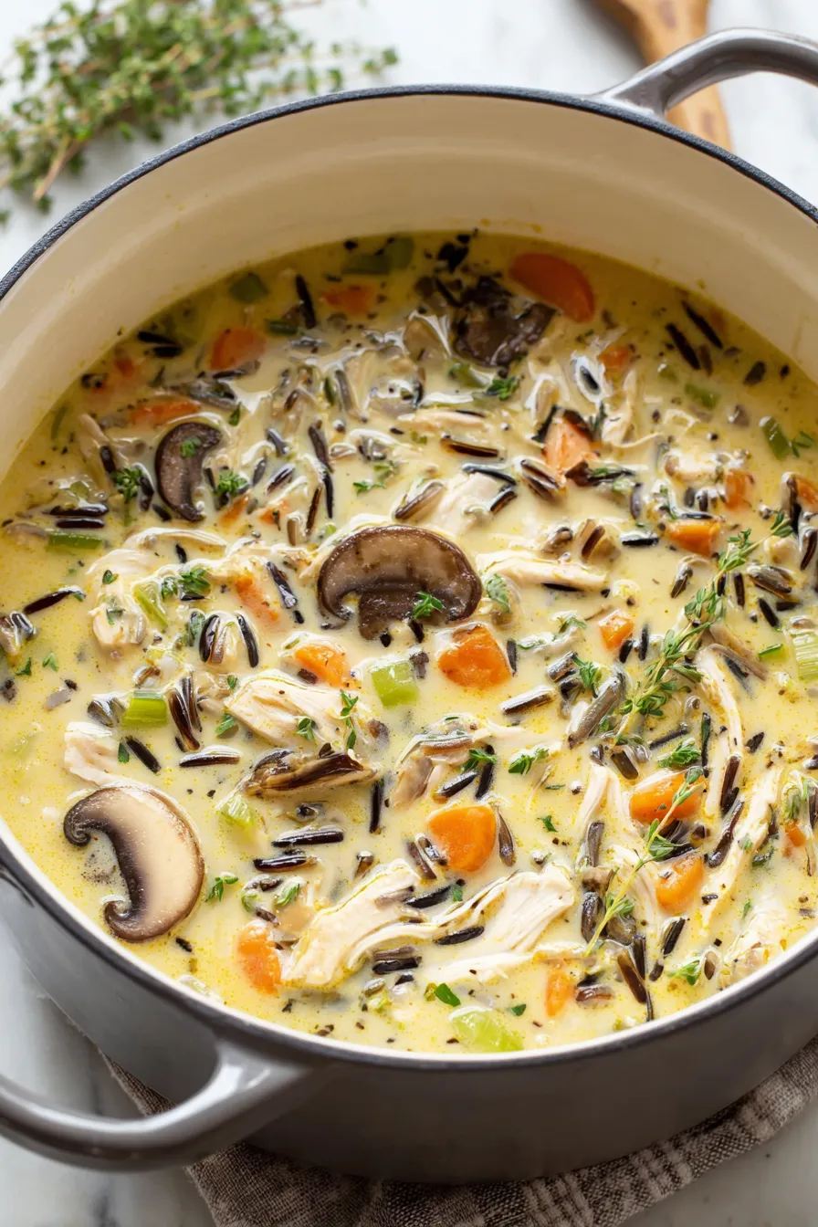 A steaming bowl of turkey and wild rice soup