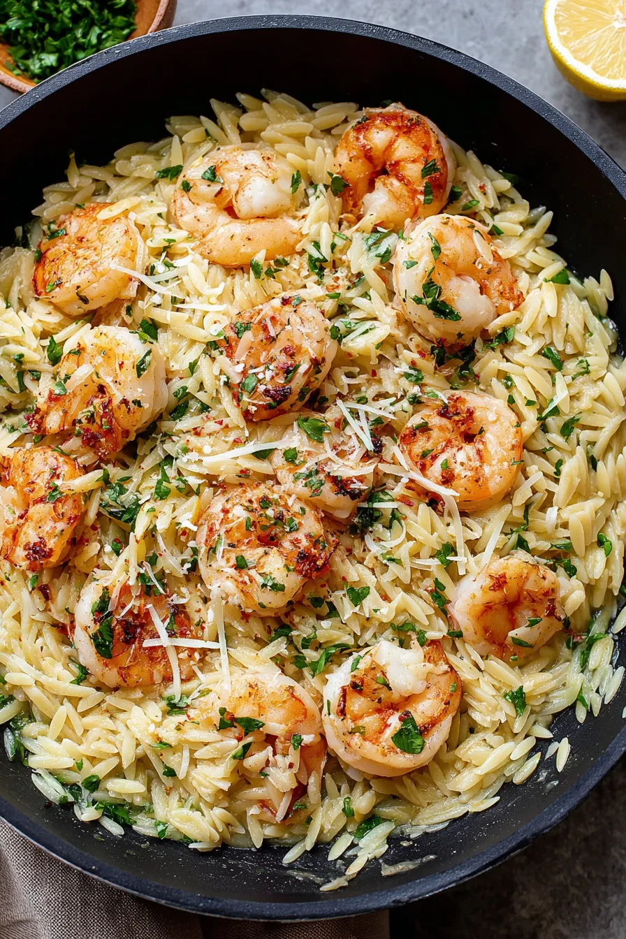 Seared shrimp over lemony orzo