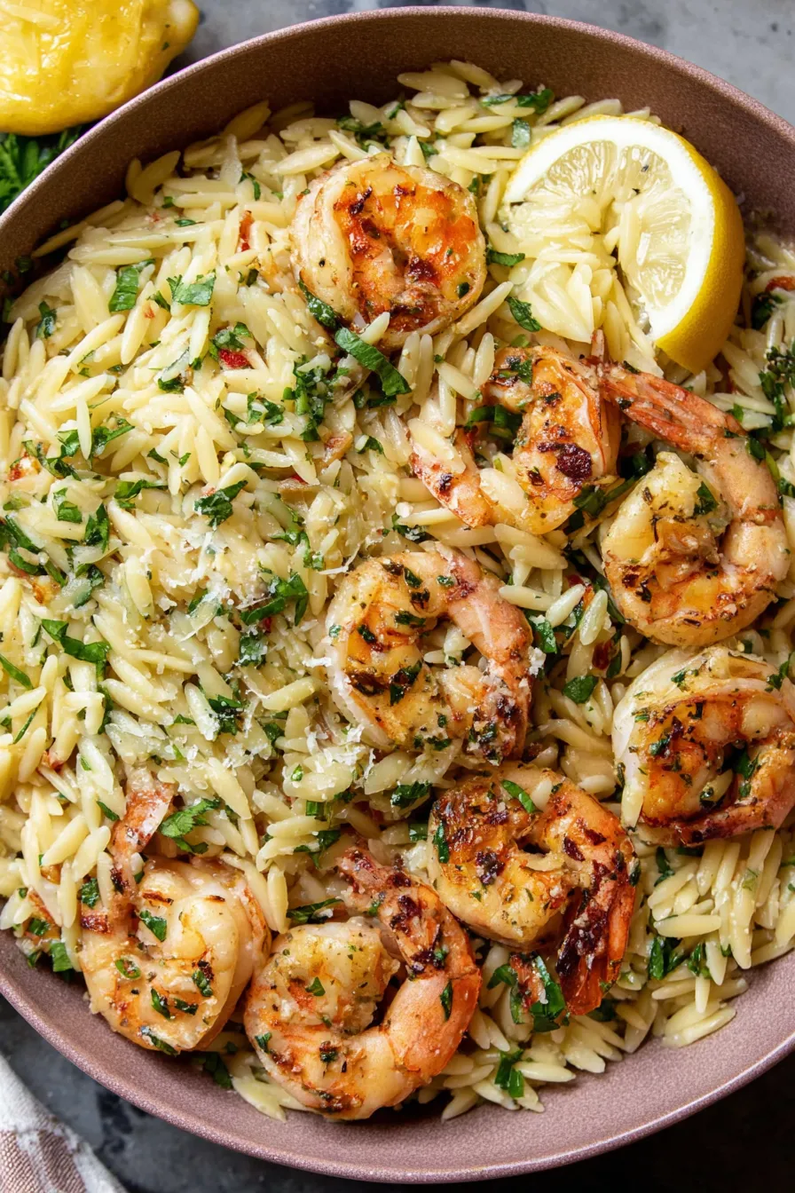 Bowl of shrimp scampi orzo garnished with parsley and chives