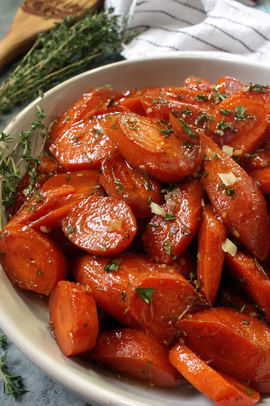 Glazed carrots in a slow cooker with glossy brown butter and herbs