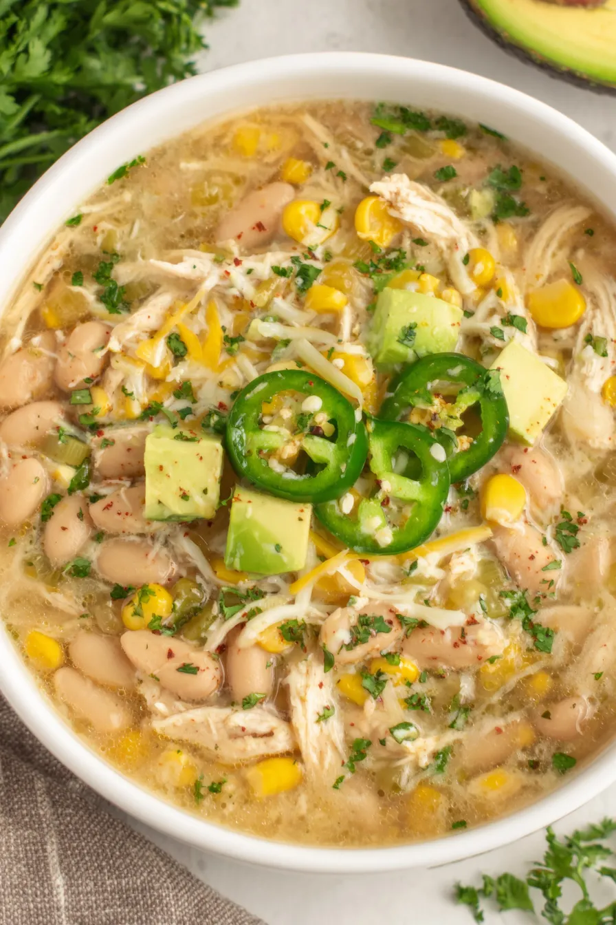 White bean turkey chili simmering in a pot