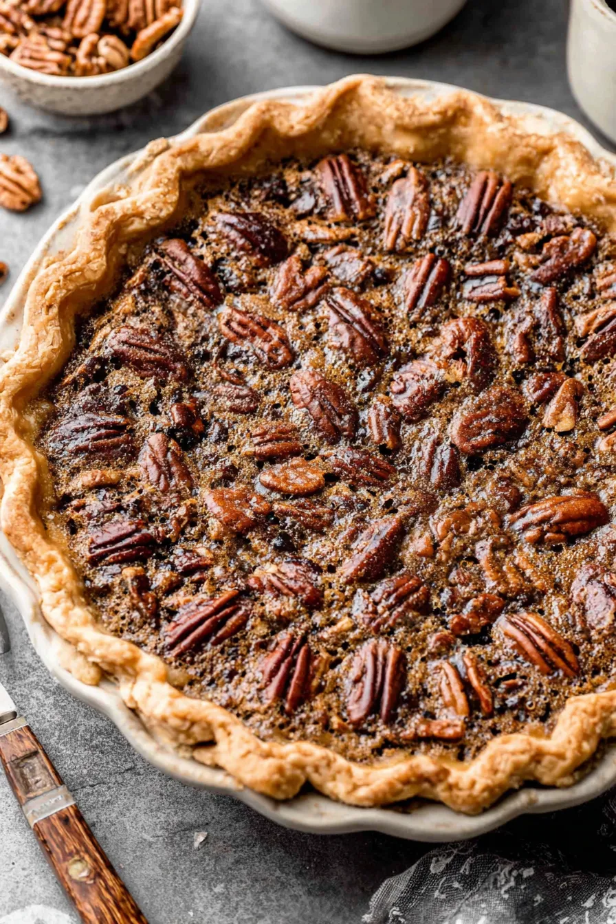 Pecan pie in pie plate with golden pecans on top
