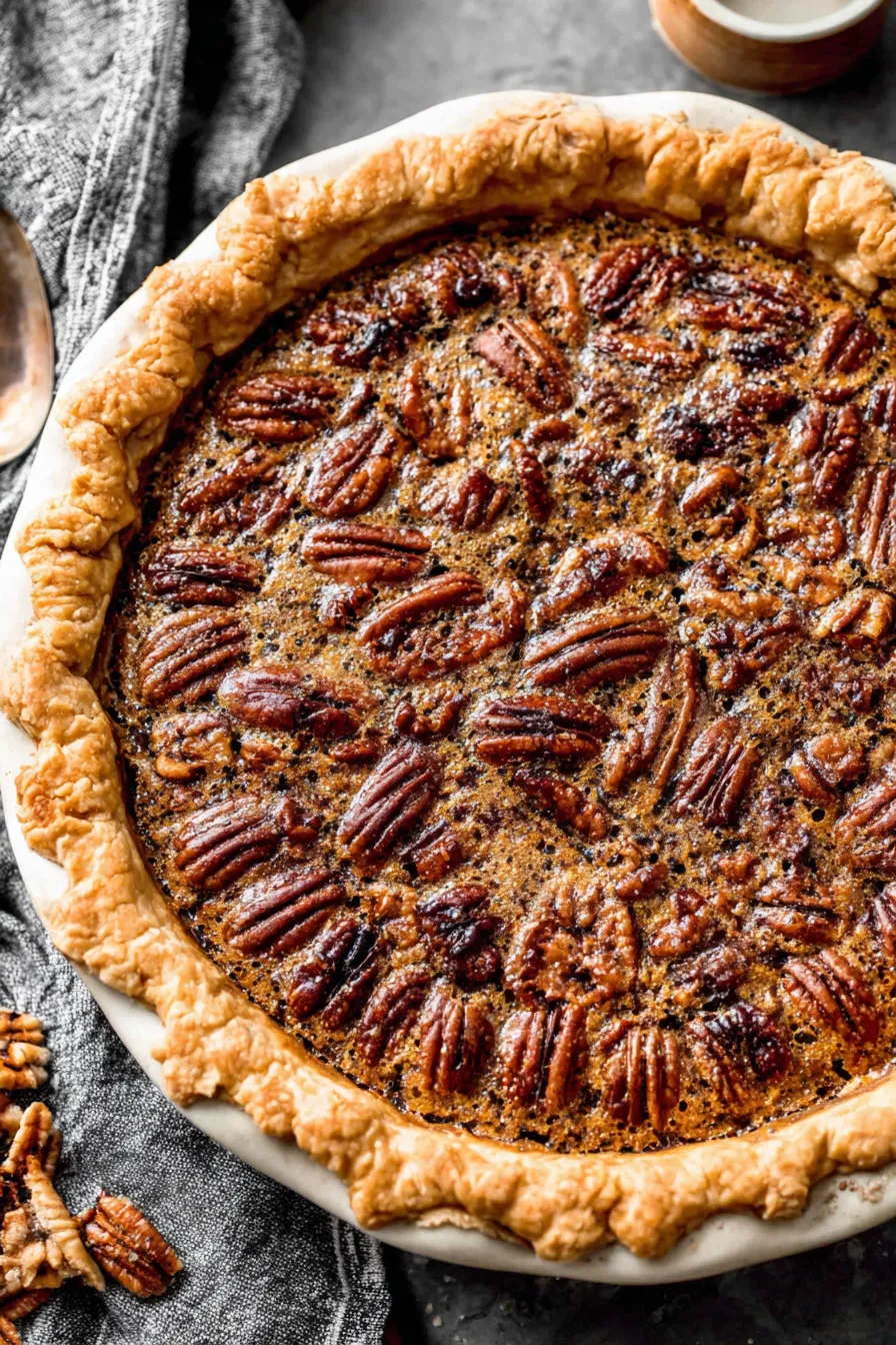 Slice of pecan pie on a plate with fork