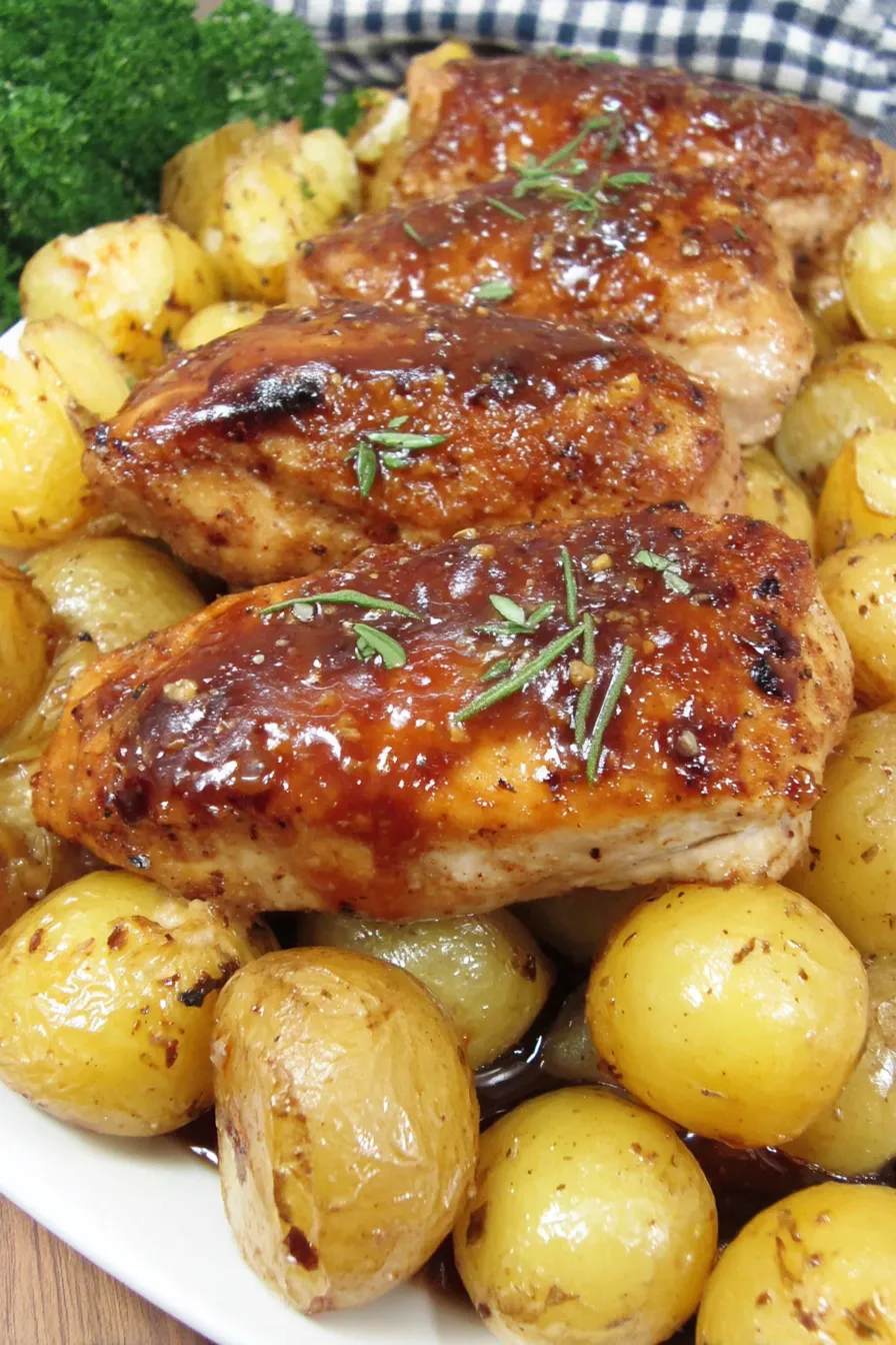 Glazed sheet pan chicken with roast potatoes