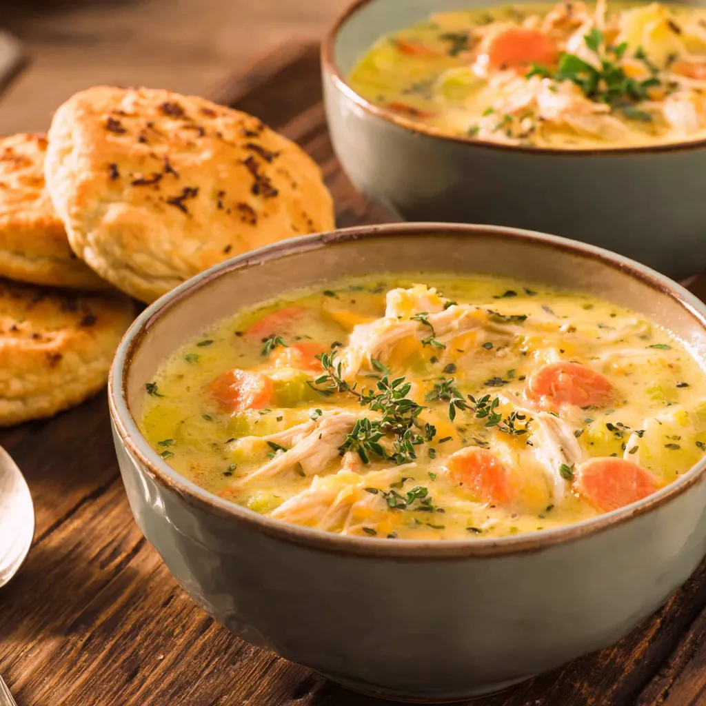 Chicken Pot Pie Soup with Cheddar Crust Dippers