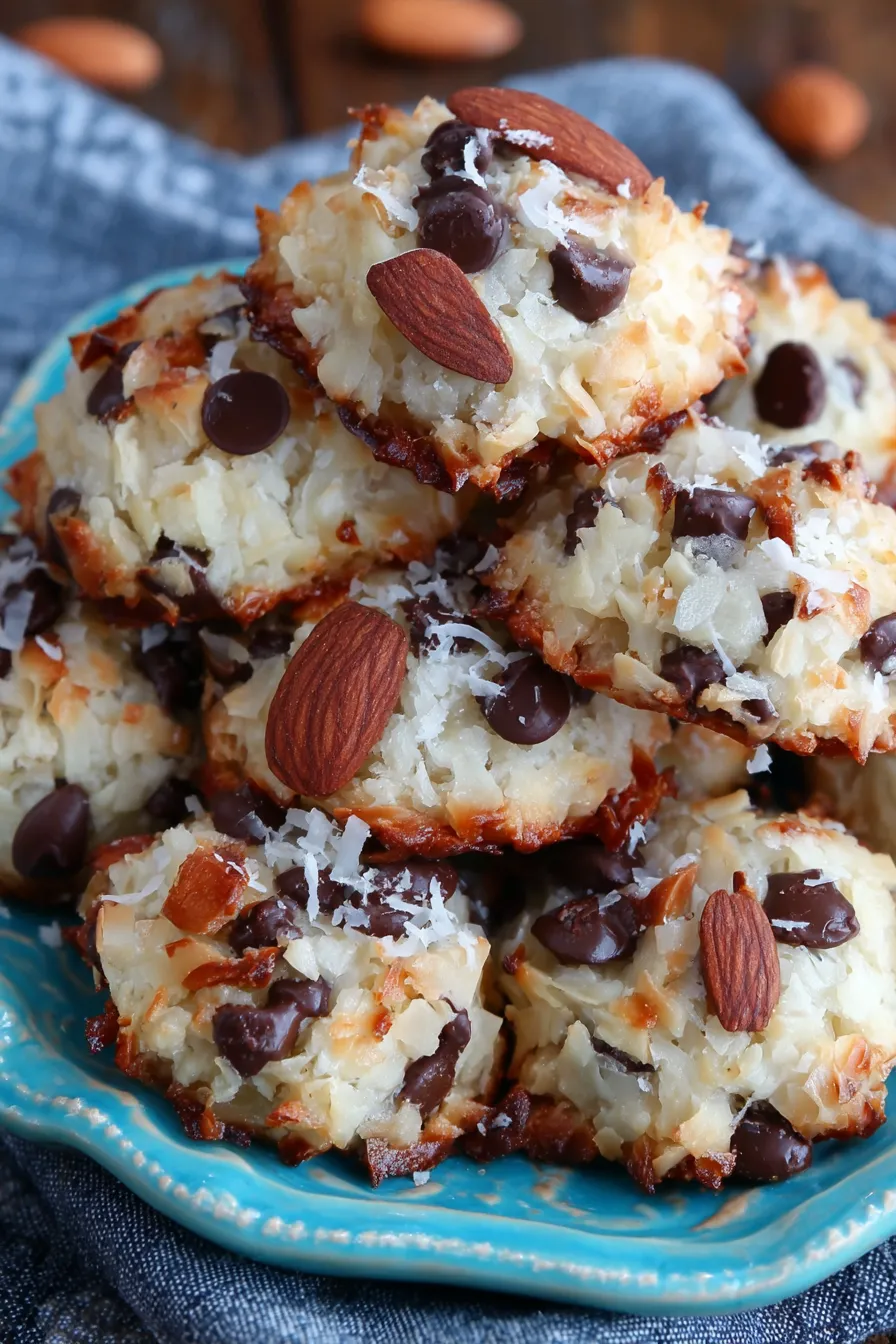 Fresh baked Almond Joy Cookies on a parchment lined sheet