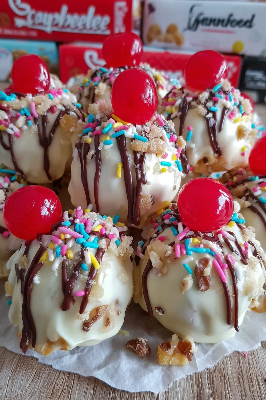 Banana truffles with chocolate drizzle and cherries