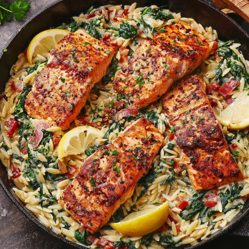 Salmon Orzo with Creamy Spinach and Roasted Red Pepper