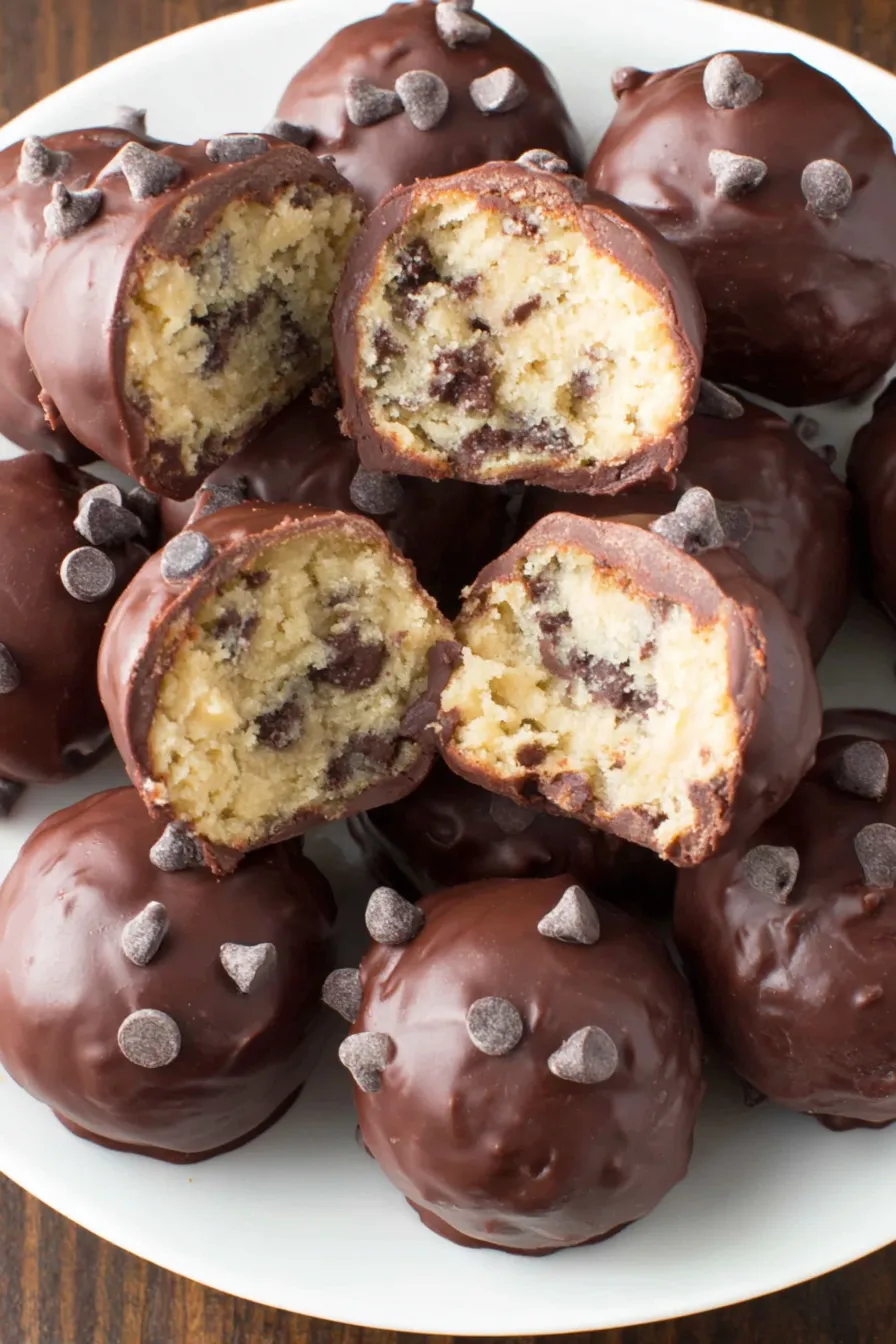Cookie Dough Brownie Bombs on a tray, one cut to show interior
