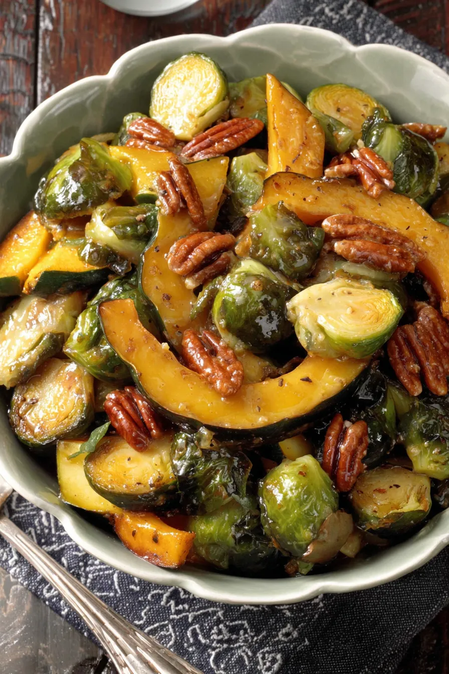 Roasted acorn squash and Brussels sprouts with pecans