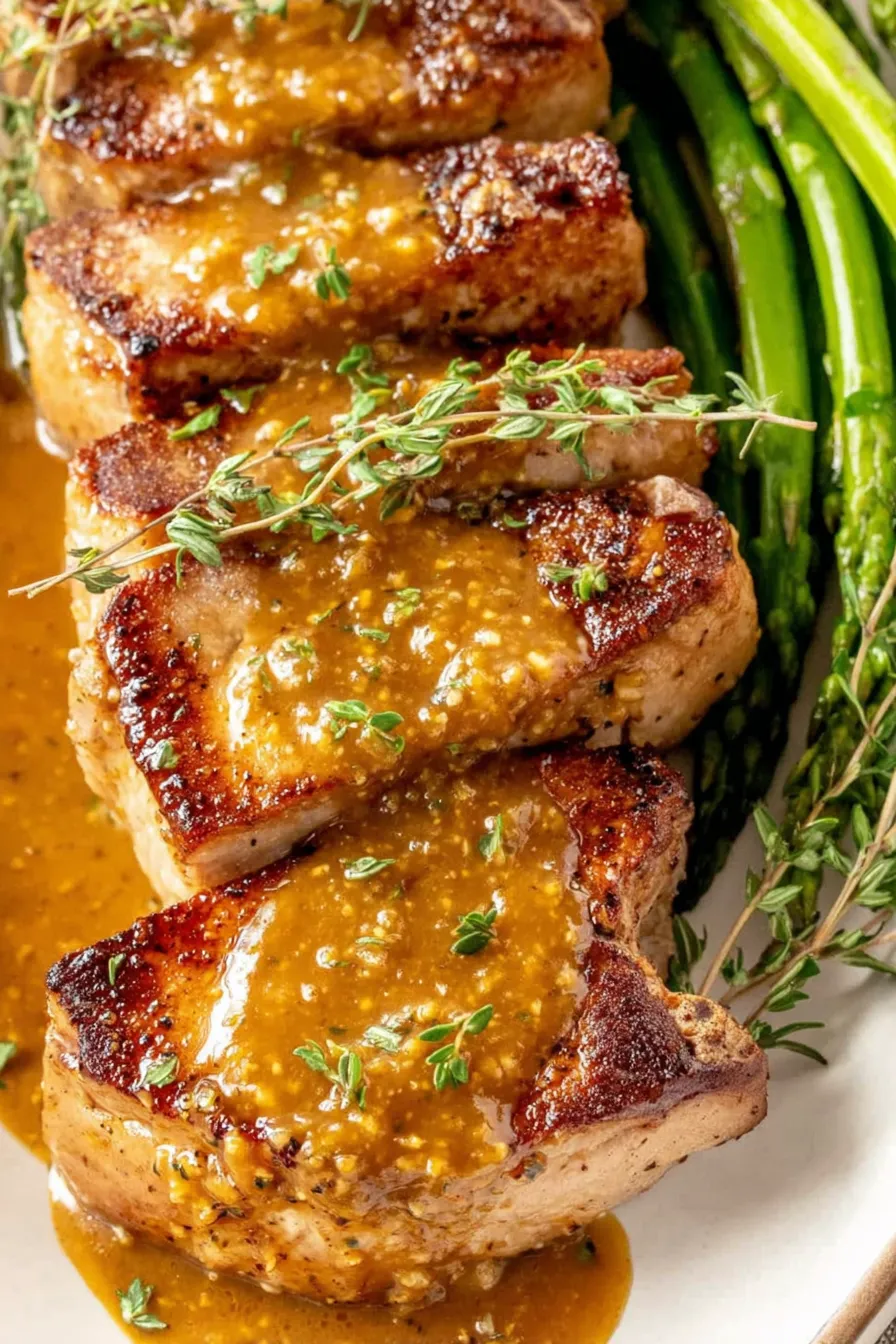 Pan-seared pork chops with honey mustard glaze