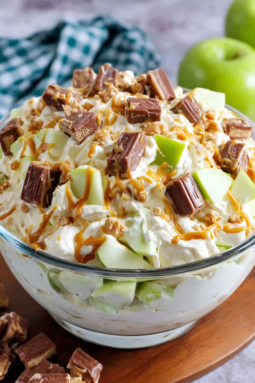 Snickers salad in a serving bowl with apple slices