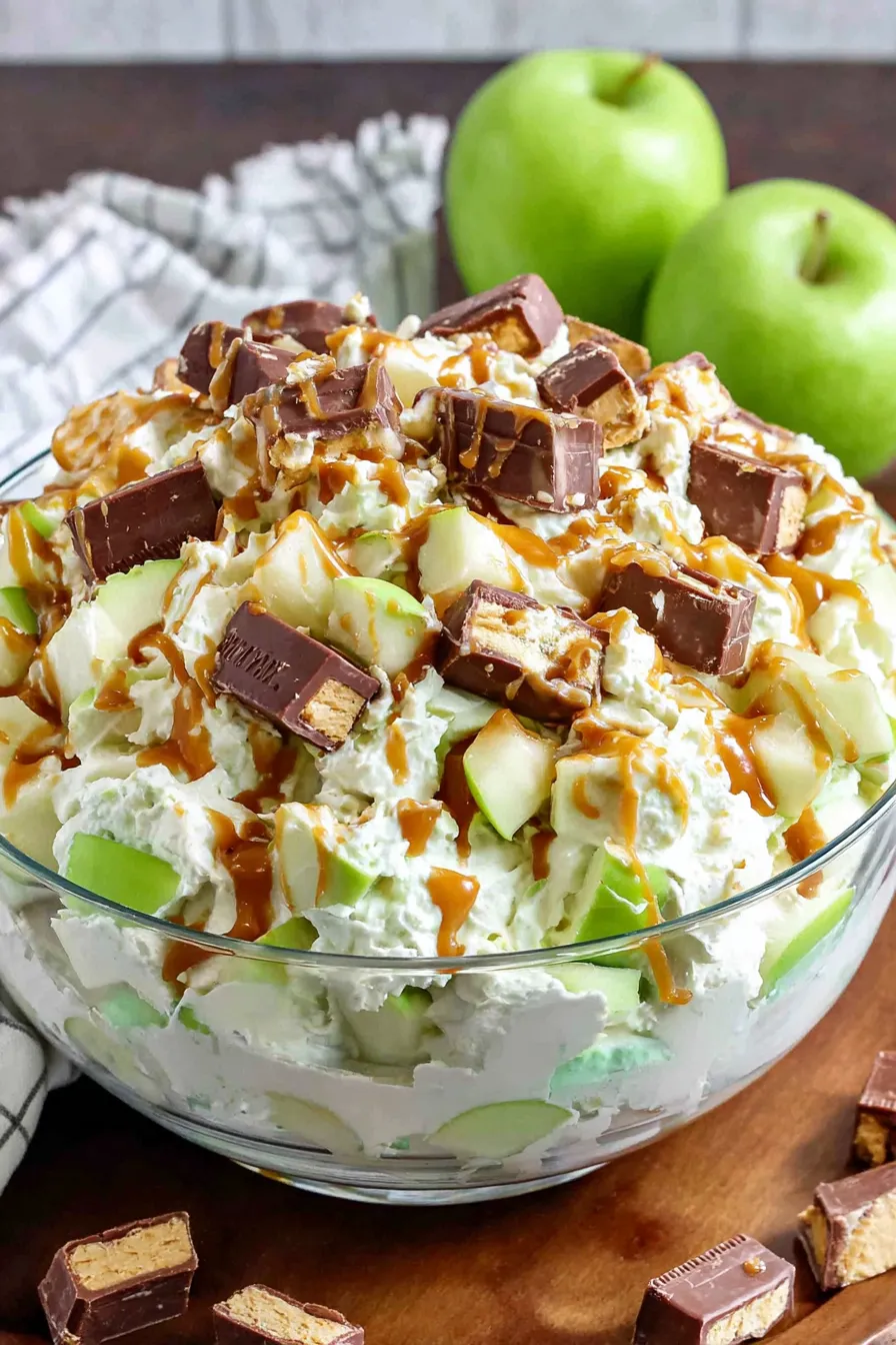 Close up of chopped Snickers and apples folded into creamy pudding