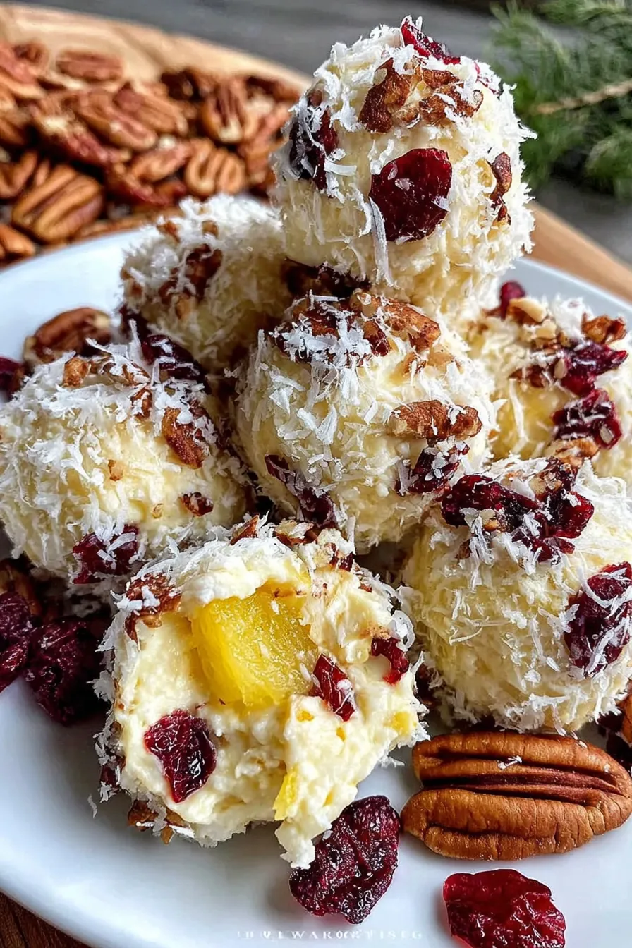 Mini pineapple cranberry cheese balls on a platter