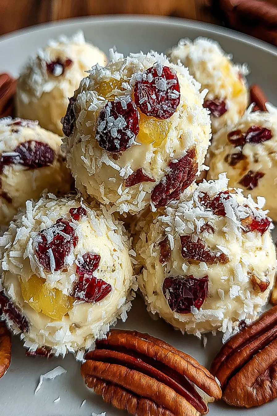 Close up of a pecan coated cheese ball