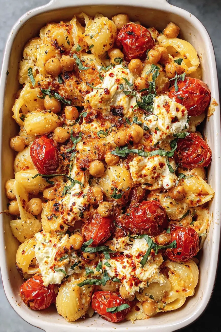 Baked feta, tomatoes, and chickpeas in a baking dish