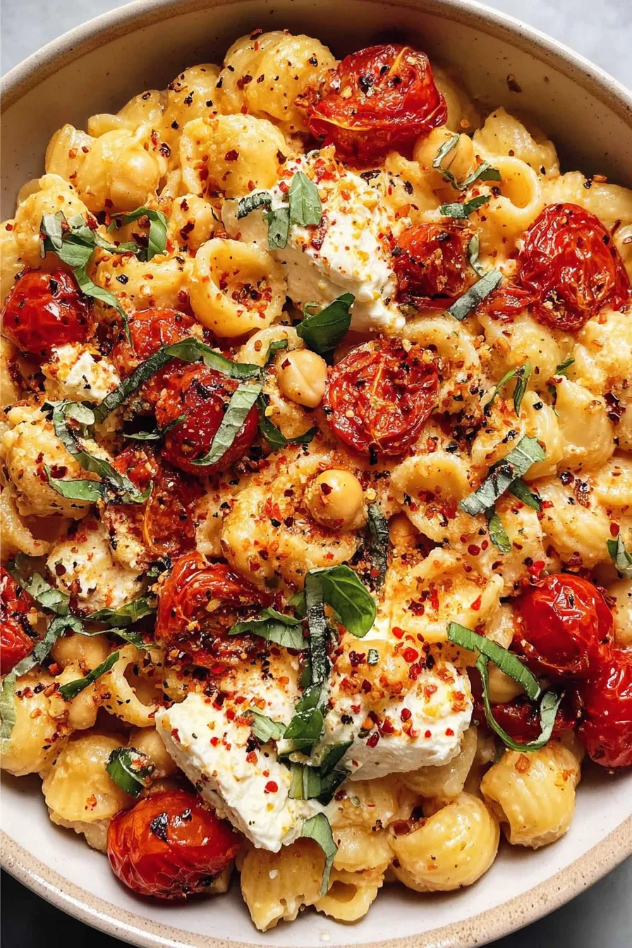 Pasta tossed with creamy baked feta and chickpeas