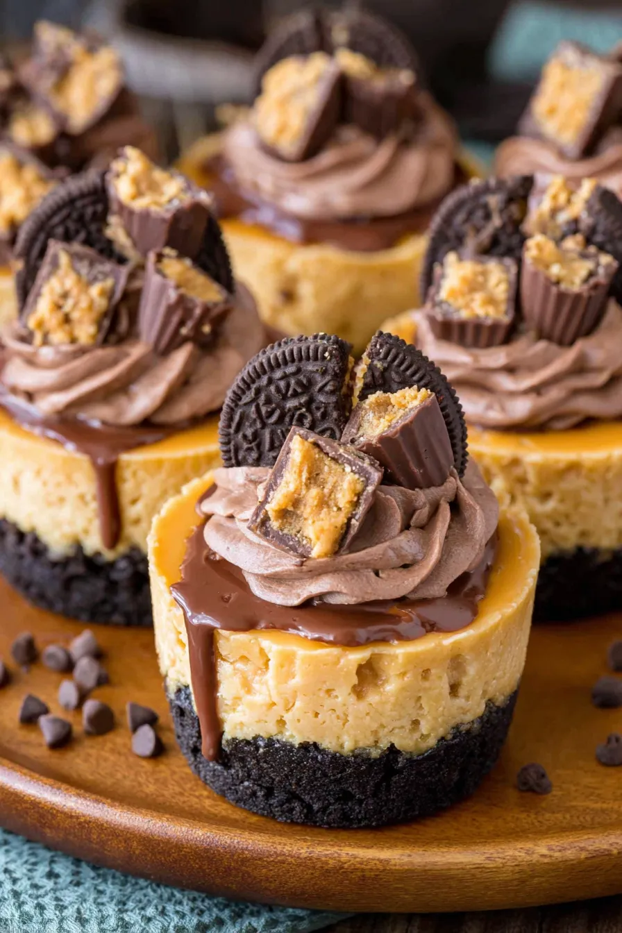 Mini Reese's cheesecakes cooling on a rack