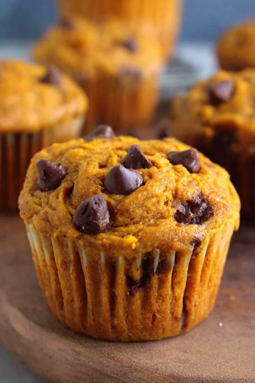 A muffin split open showing tender pumpkin crumb and chocolate chips