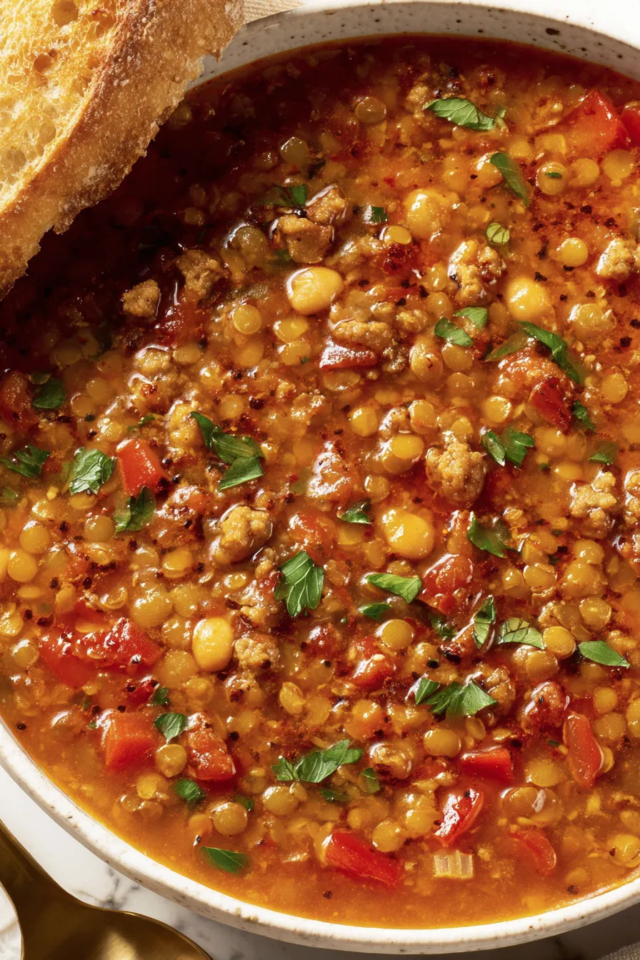 A bowl of sausage and lentil soup with bacon garnish