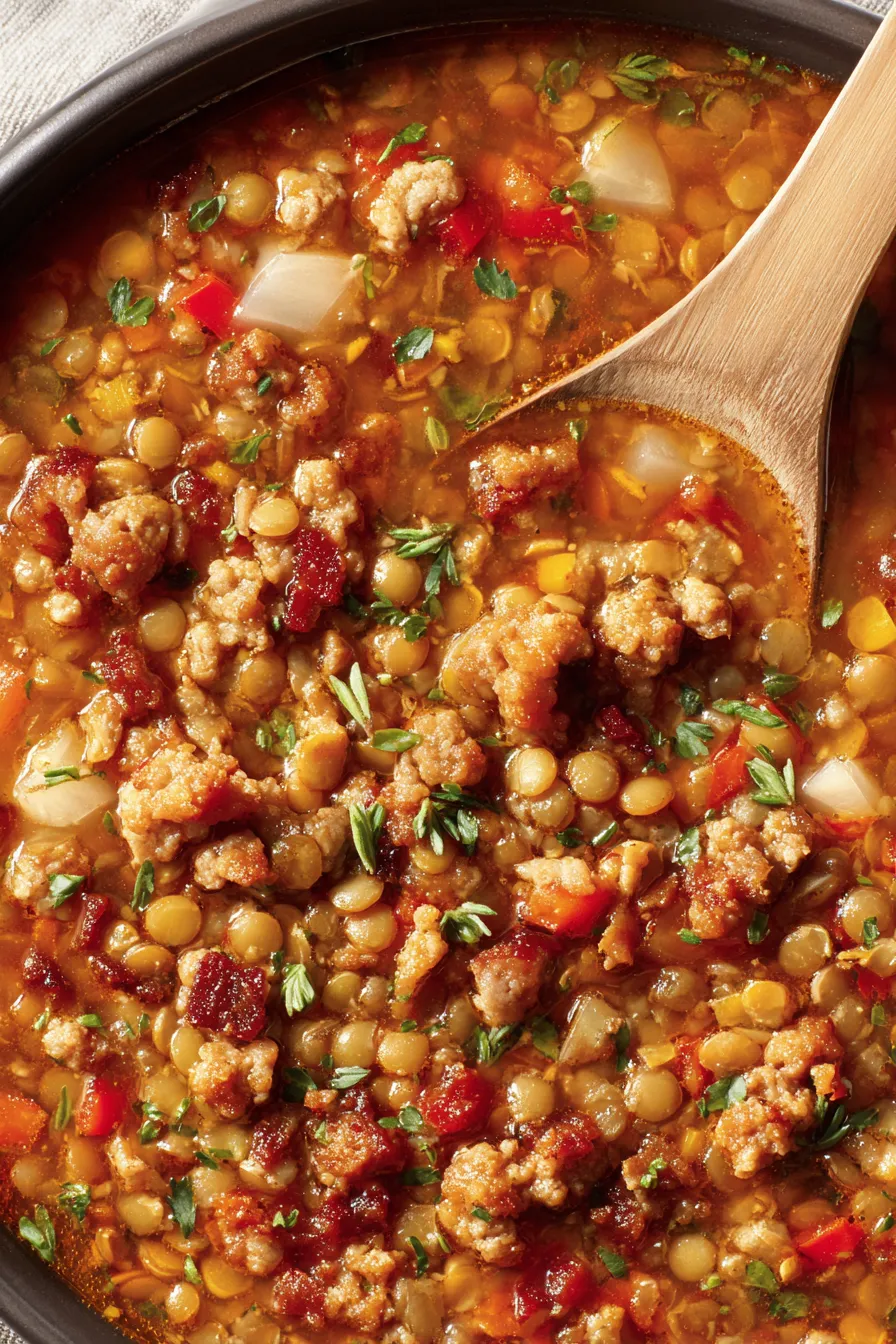 Slow cooker filled with simmering lentil and sausage soup
