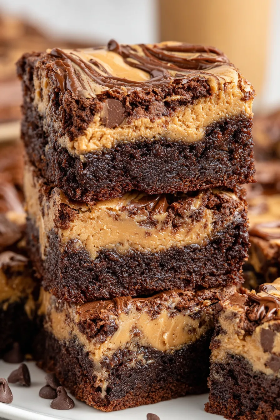 Close up of fudgy brownie with peanut butter swirl