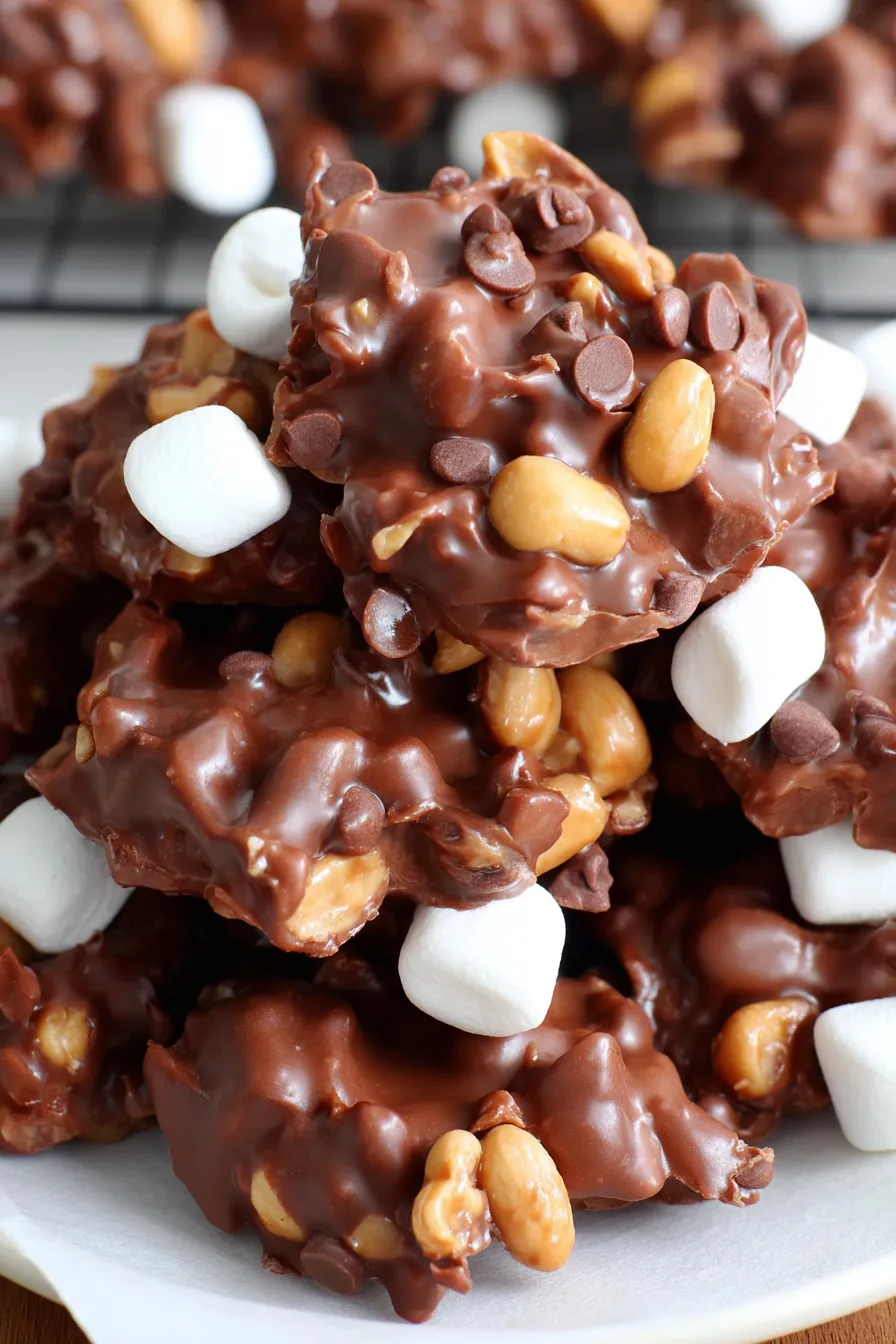 Rocky Road Peanut Clusters cooling on waxed paper