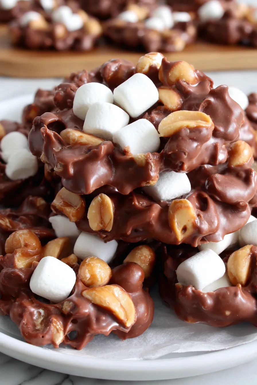 Close-up of a Rocky Road Peanut Cluster showing peanuts and marshmallows