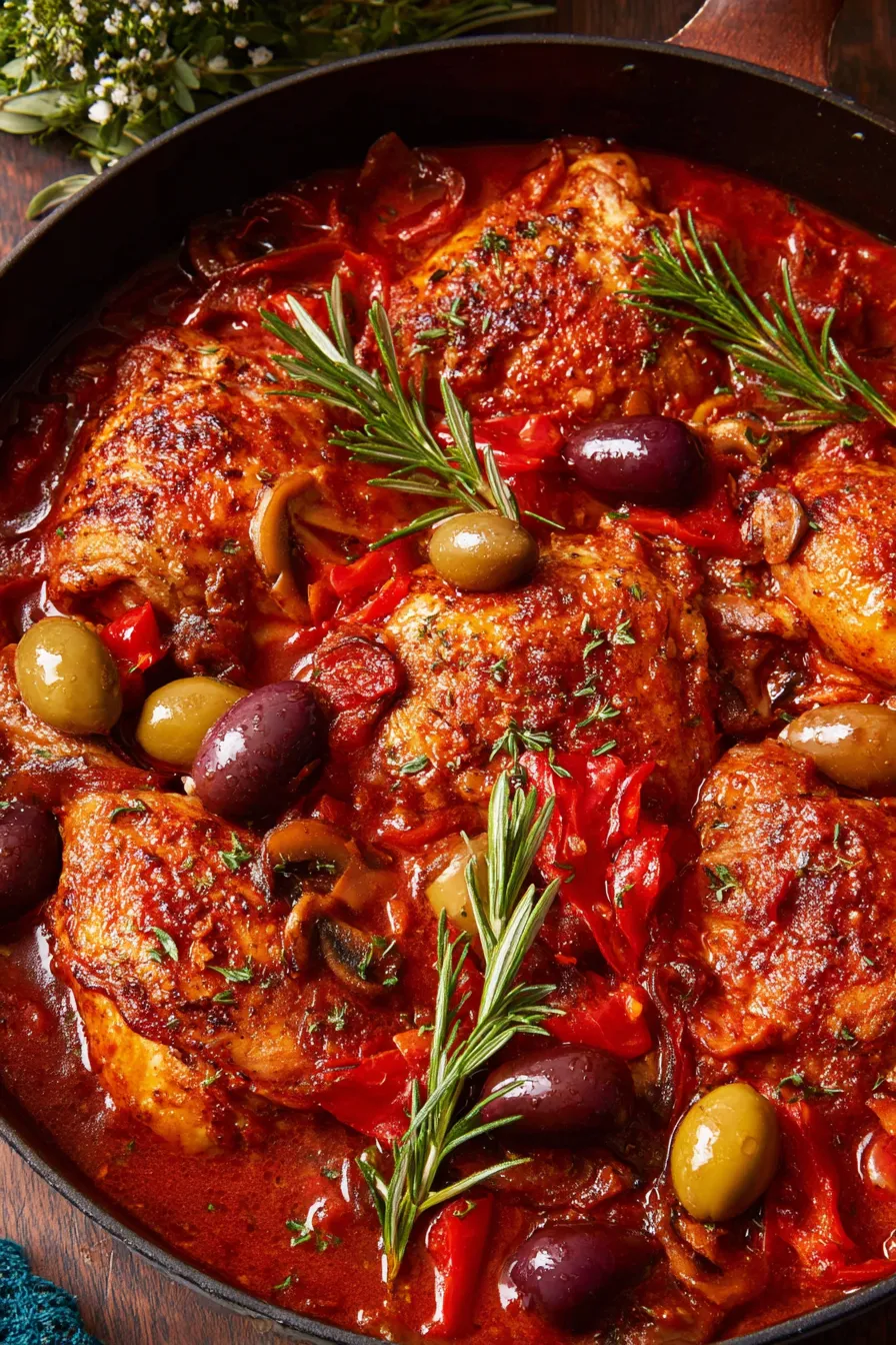 Braised chicken cacciatore simmering in pan