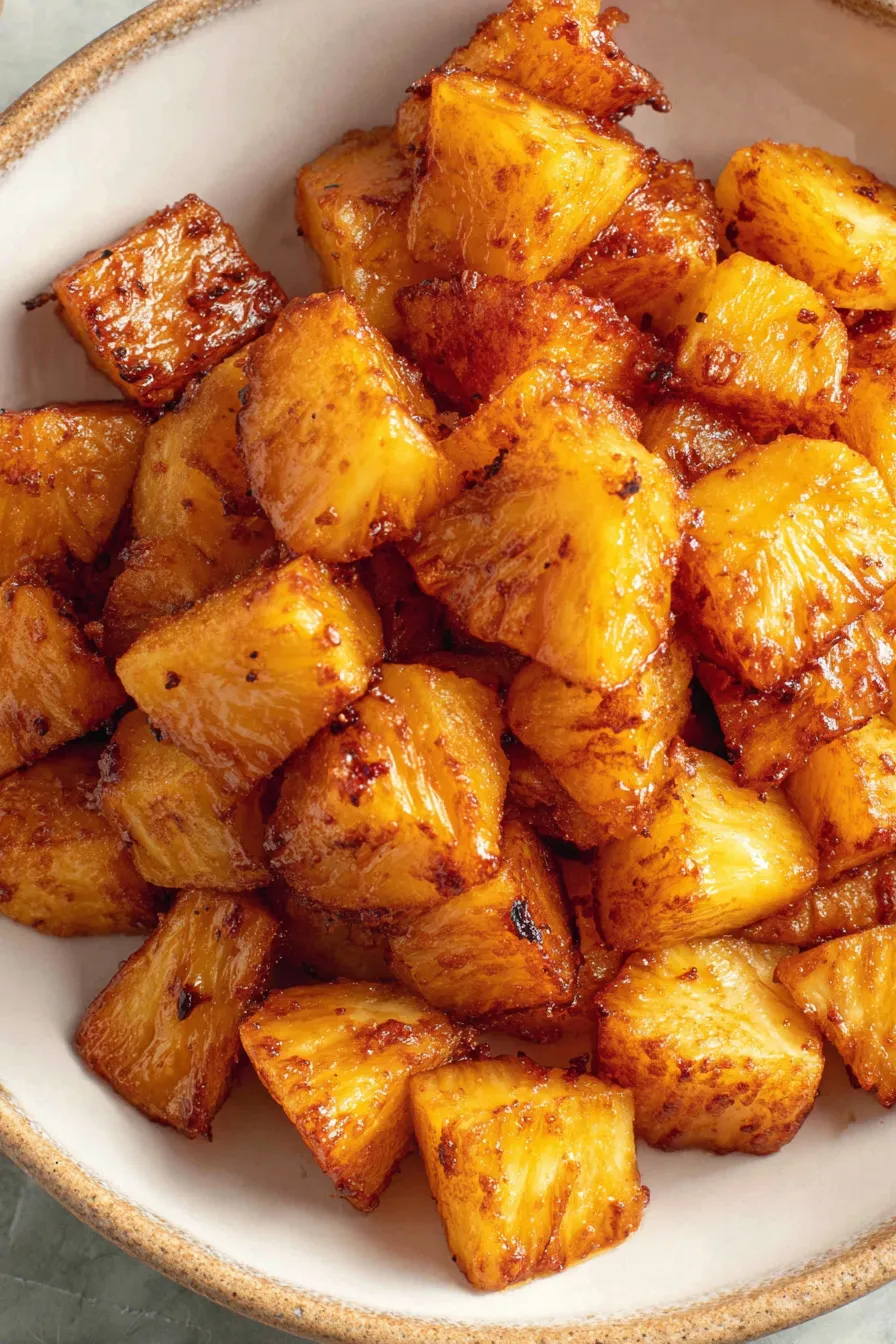 Air fryer caramelized pineapple slices in basket