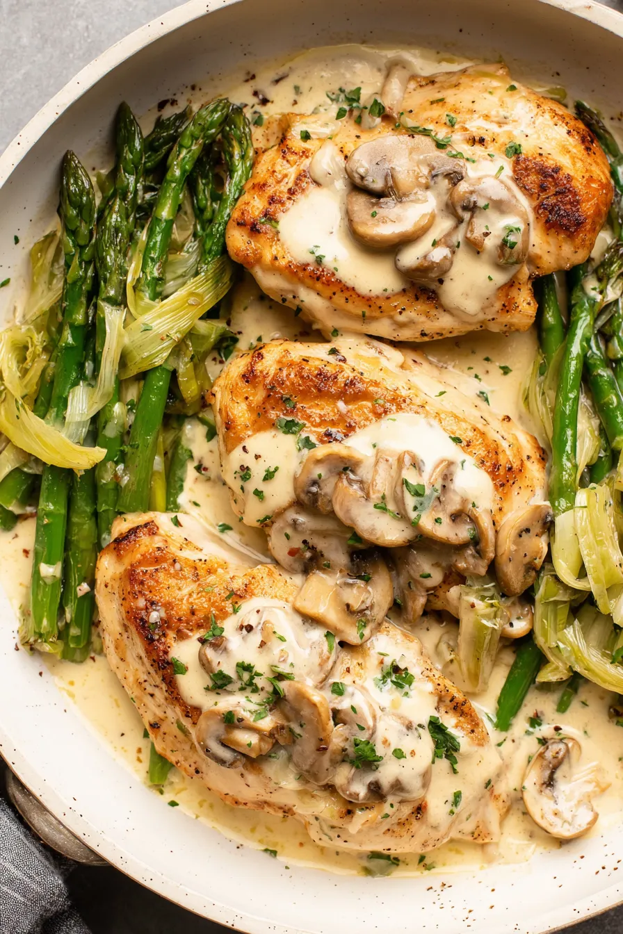 Golden seared chicken with creamy leek sauce in skillet