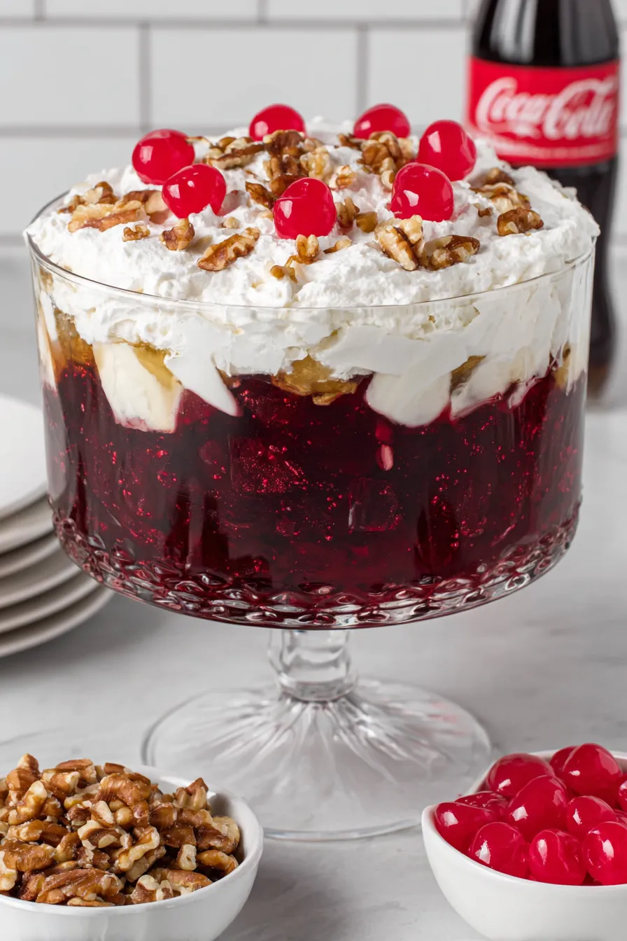 Coca Cola trifle set in a glass trifle bowl with cherries on top