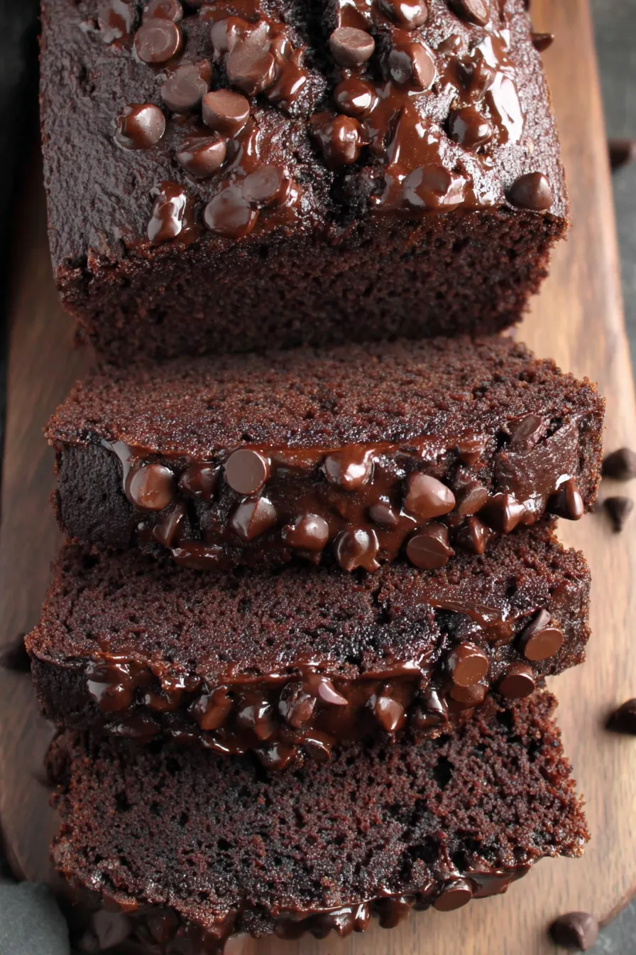 Loaf of chocolate banana bread cooling on a rack
